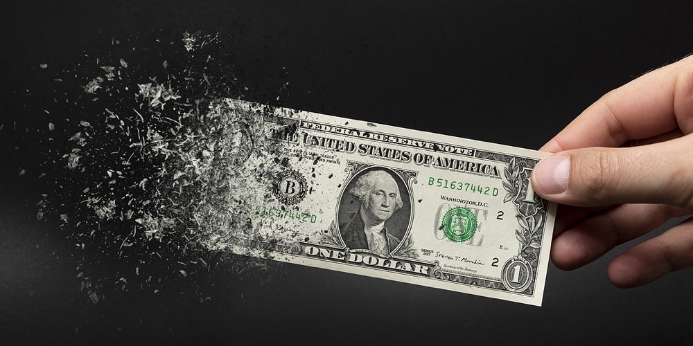 Inflation, Dollar Hyperinflation. Banner With Black Background. One Dollar Bill Is Sprayed In The Ha - CUInsight