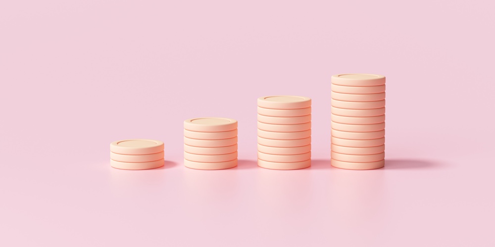 Minimal Coin stacks growing graph on pink background. Business investment and saving money concept. 3d render illustration