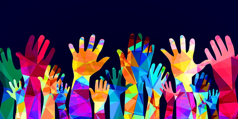 Colorful hands up – happiness or help concept
