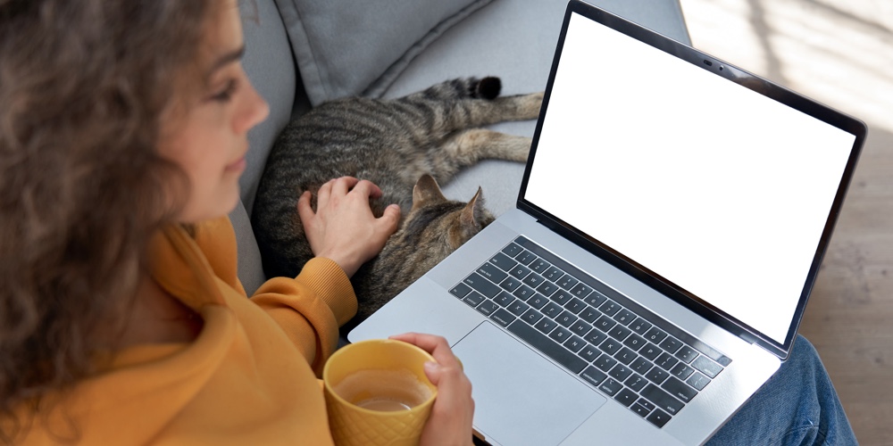 Young hispanic girl relaxing on sofa with cat looking at mockup laptop screen.