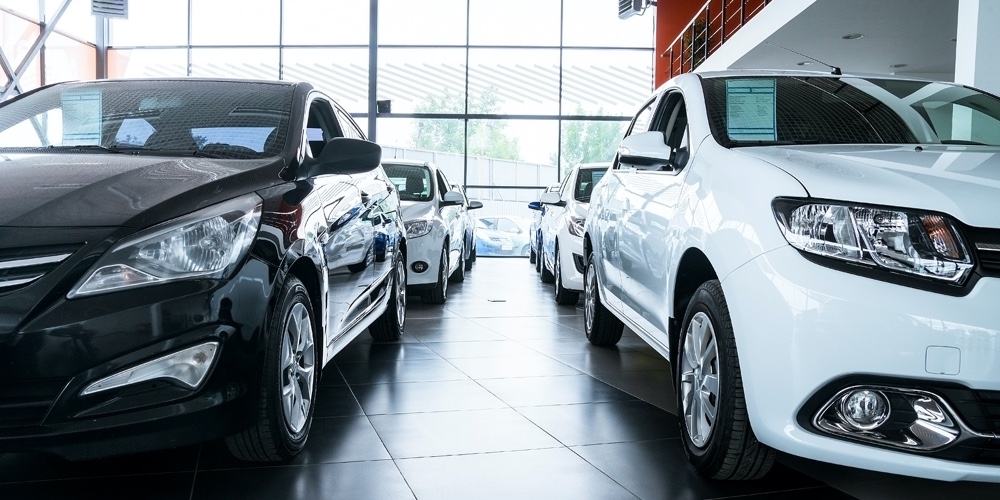 Stock of cars in showroom of automobile dealer