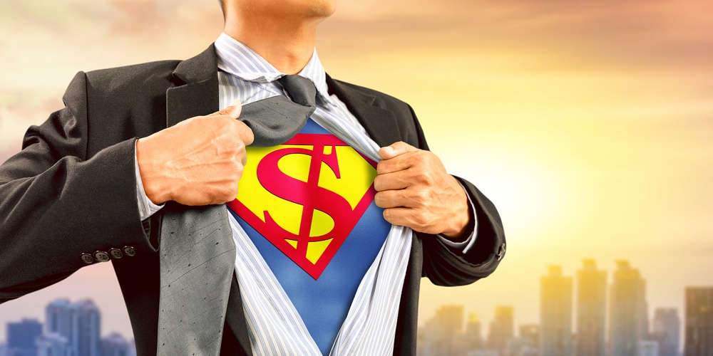 businessman in superhero costume with dollar sign