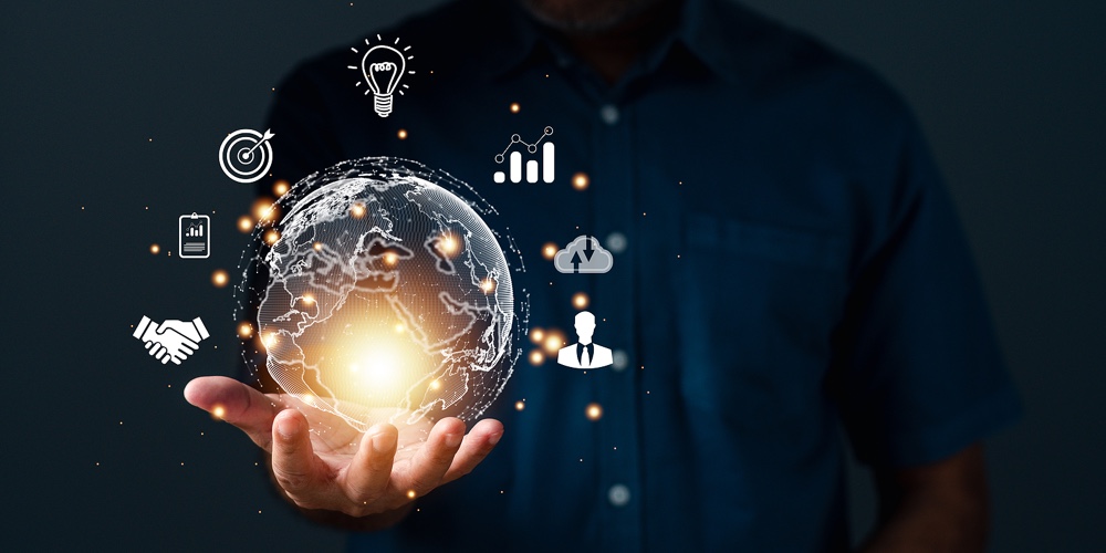 A Businessman Hand Holding World Digital Global Internet Connection. Business Global Internet Connec