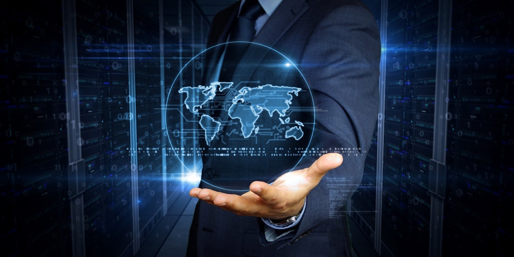 A Businessman In A Suit And Screen With World Symbol Hologram. Man Using Virtual Display Interface.|Image 1|Image 2|Image 3|A Businessman In A Suit And Screen With World Symbol Hologram. Man Using Virtual Display Interface.