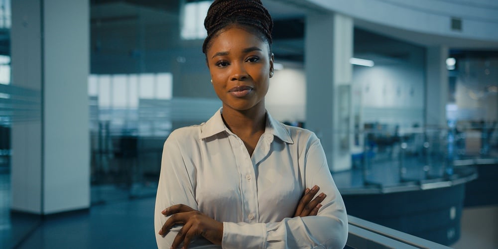 African American Ethnic Millennial 30s Successful Confident Strong Businesswoman In Office. Woman Co