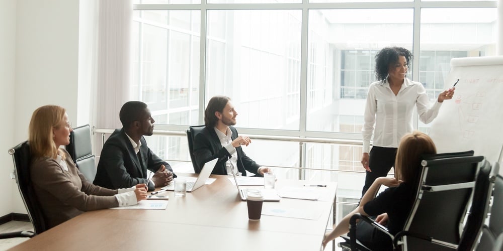 73807-3cd0d63b|73807-3cd0d63b|African-american Businesswoman Gives Presentation To Diverse Colleagues At Meeting