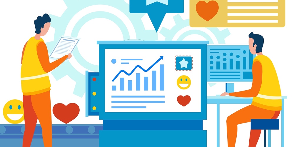 Analytic Team Work With Statistic Data Cartoon. Flat Vector Men Analyze Feedback Consumer