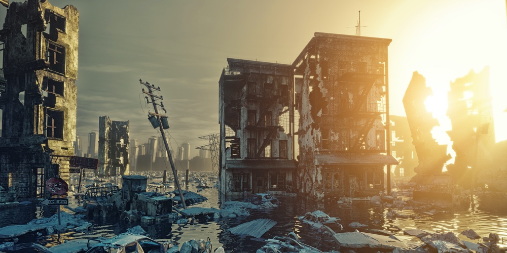 Apocalypse flooding city view sunset. 3d rendering concept