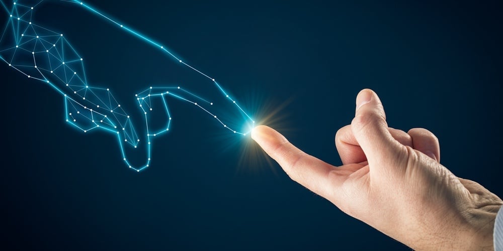 Artificial Intelligence (ai) And Industry 4.0 Concept. Human Hand And Graphics Hand Symbolizing Pcb