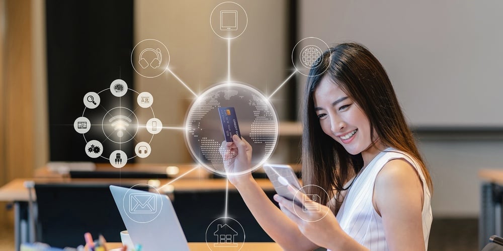 Asian Businesswoman In Casual Suit Hand Holding The Credit Card Mockup For Online Shopping With Omni