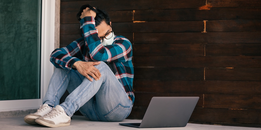 Asian Man Working Jobs Wear Protective Masks Sitting Stressed From Unemployment At Home Concept Of E