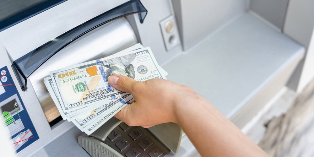 Atm Cash Machine Money. Woman Withdraw Money Dollar Bill. Holding American Hundred Cash. Money Dolla