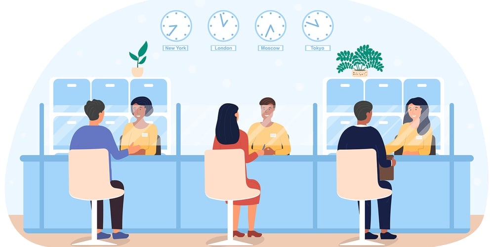 Bank Employees Providing Financial Services To Clients. Flat Vector Illustration