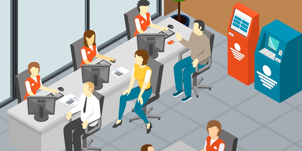 Bank Isometric Composition With Indoor View Of Bank Branch Lobby With Female Clerks And Customer Cha