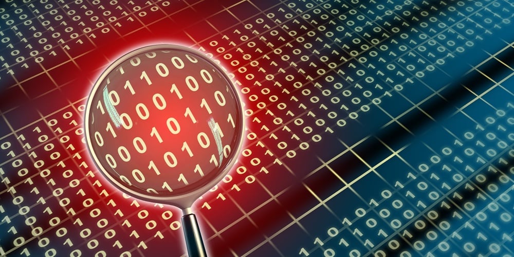 Binary data under a magnifying lens. Digital illustration.