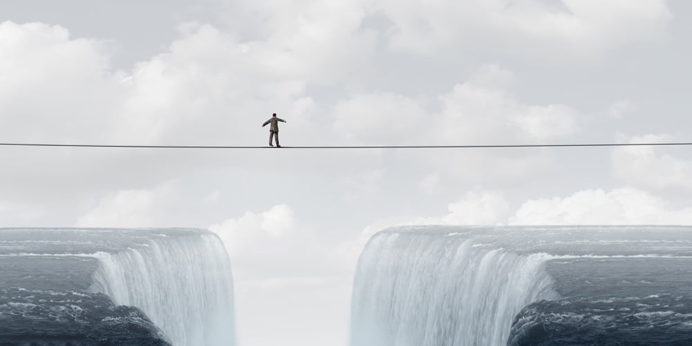 Business Challenge And Financial Risk Or Balancing Act Concept Or Brave Businessman Courage To Take
