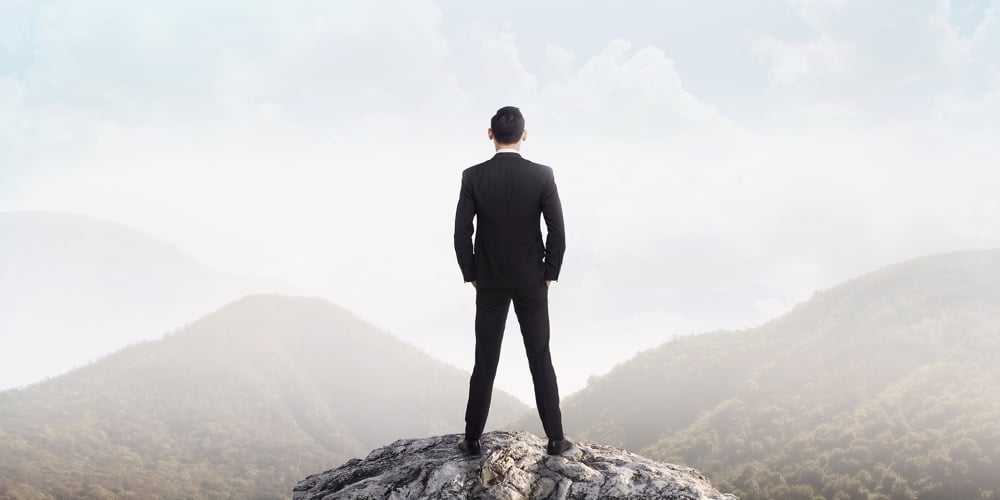 Business Man Standing On The Top Of The Mountain Looking At The