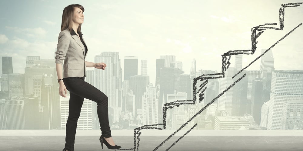 Business woman climbing up on hand drawn staircase concept on city background
