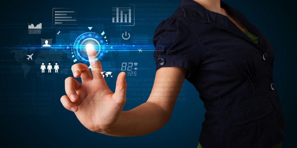 bigstock-Business-woman-touching-future-91542530