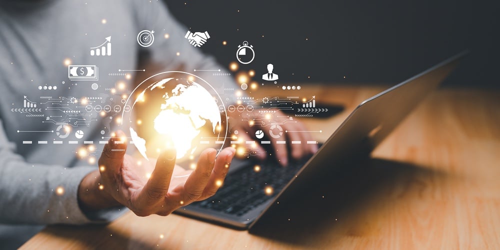 Businessman Hand Holding World Digital Global Internet Connection. Business Global Internet Connecti