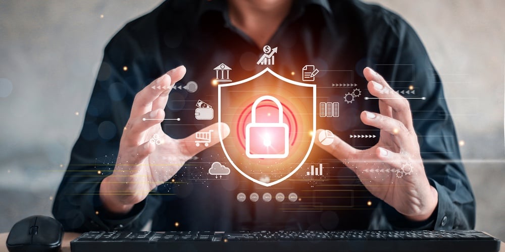 Businessman Holding Shield Protect Icon. Protection Network Security Computer And Safe Your Data Con