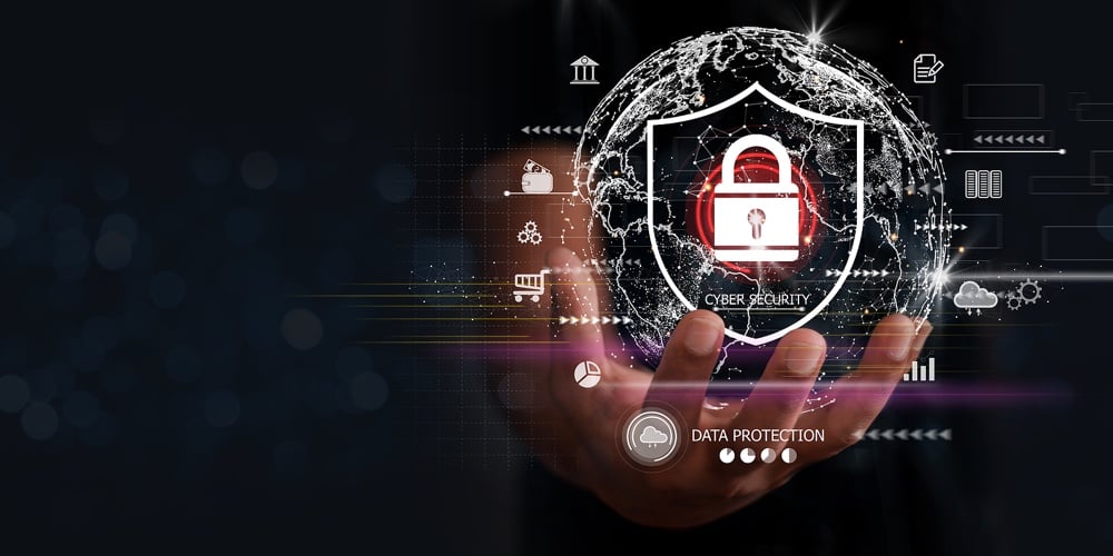 Businessman Holding Shield Protect Icon. Protection Network Security Computer And Safe Your Data Con
