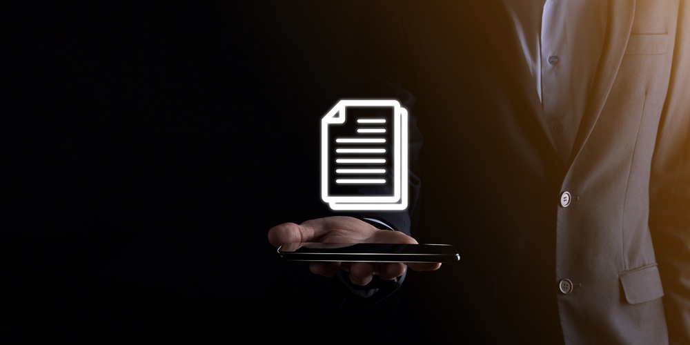 Businessman Man Holding A Document Icon In His Hand Document Management Data System Business Interne