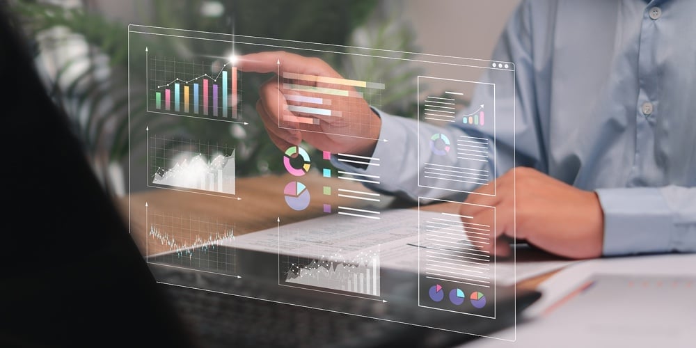 Businessman Point To Graph On Smart Digital Marketing Analysis And Data Management Use Laptops Worki
