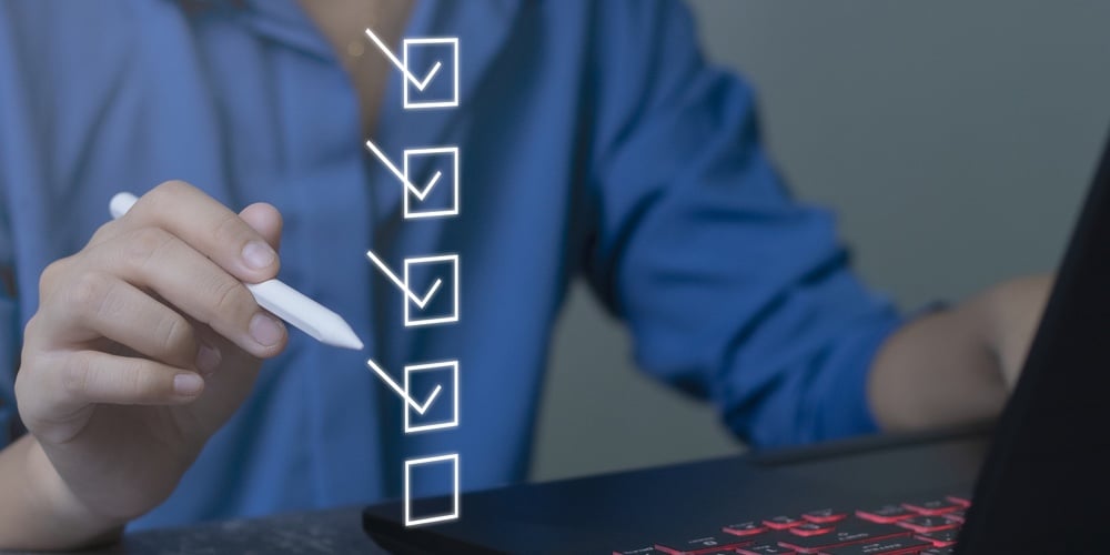 Businessman Using Laptop Doing Online Checklist Survey Fill Out Digital Form Checklist