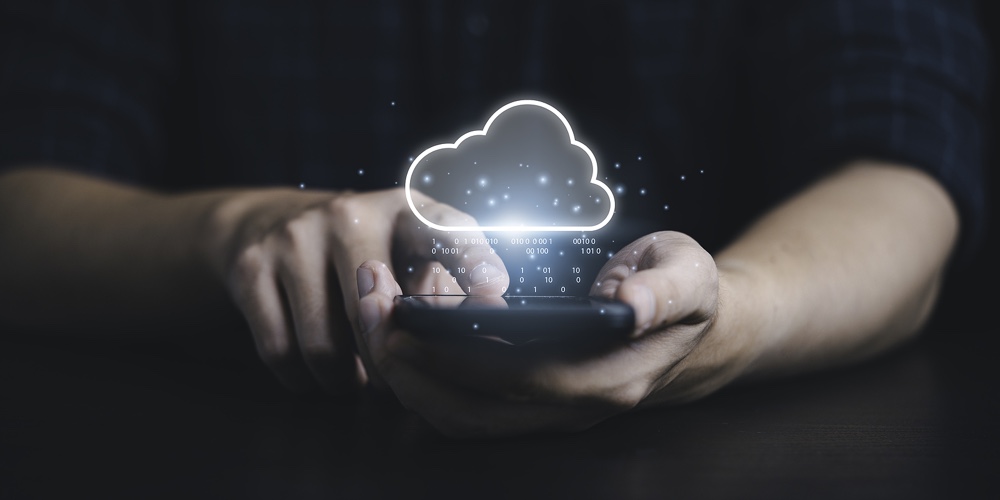 Businessman Using Smartphone With Virtual Cloud Computing To Transfer Data Information And Upload Do