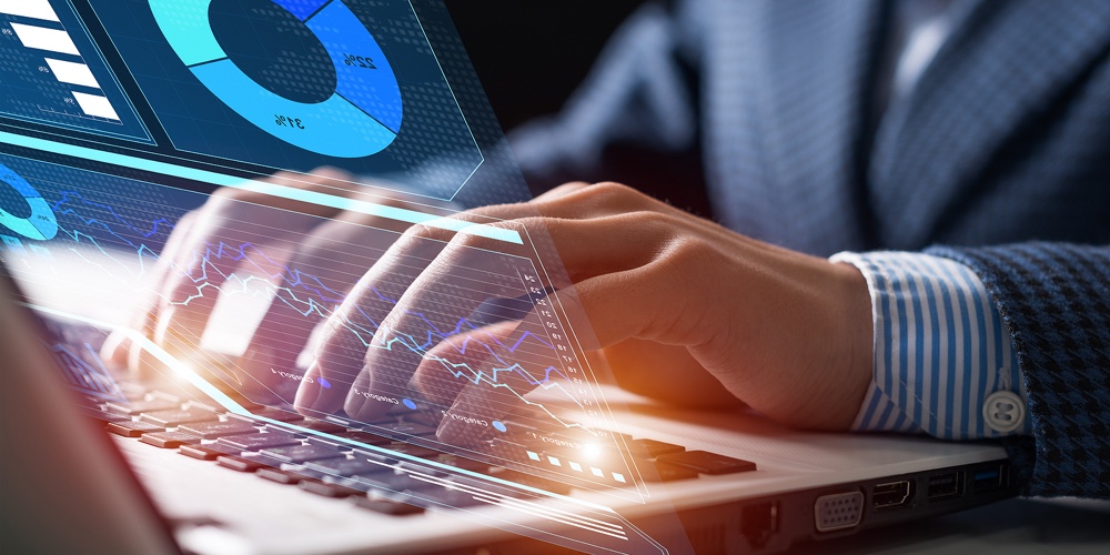 Businessman Works With Financial Data. Futuristic 3d Interface Above Laptop Computer. Interactive Bu