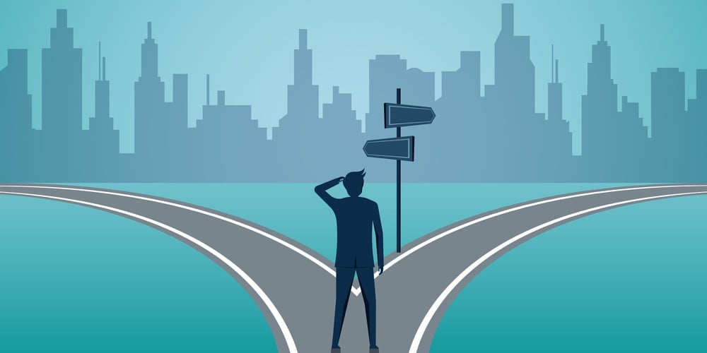 Businessmen Standing On The Road The Crossroad. Concept Of Important Choices Of A Business. Decide D