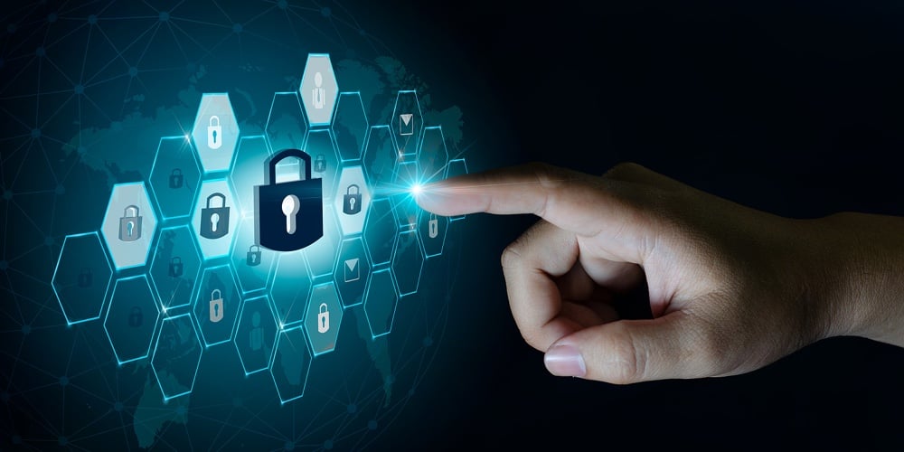 Button On Virtual Screen Pressed With Finger Global Network Security World Map Key Lock Security Sys