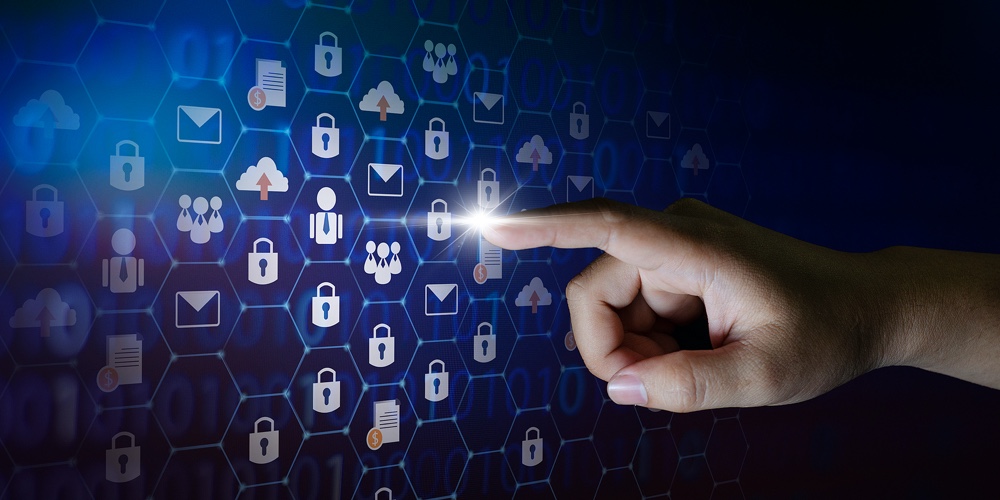 Button On Virtual Screen Pressed With Finger Global Network Security World Map Key Lock Security Sys