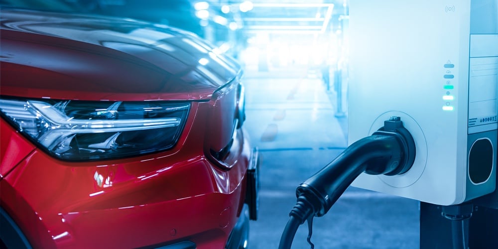 Car Charging At Electric Car Charging Station. Electric Vehicle Charger Station For Charge Ev Batter