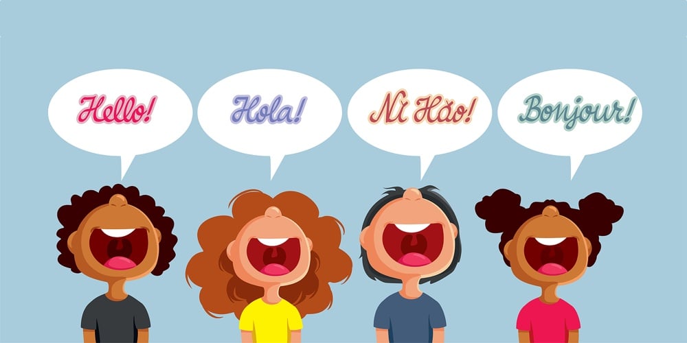 Children Saluting Saying Hello In Many Languages Vector Cartoon Illustration. Kids Communicating In