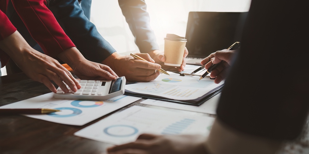 Close Up Business Team Of Financial Analyze About Companys Graph Profit. Finance Mistake
