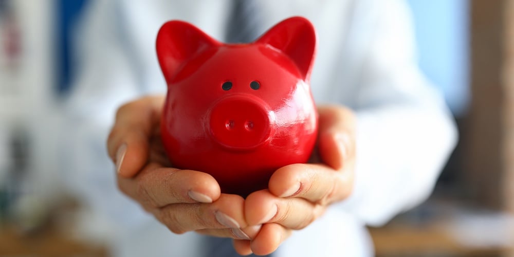 Close-up Of Man Holding Bright Red Piggy Bank. Persons Hand With Container For Saving Money. Cash Fo