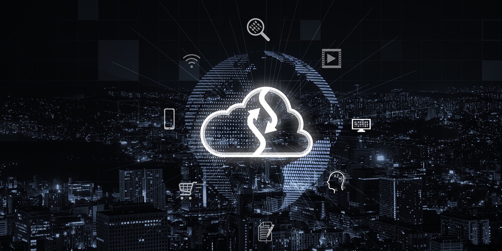 Cloud Computing Icon With Virtual World And Technology Icon On City Scape For Cloud Tech Which Trans