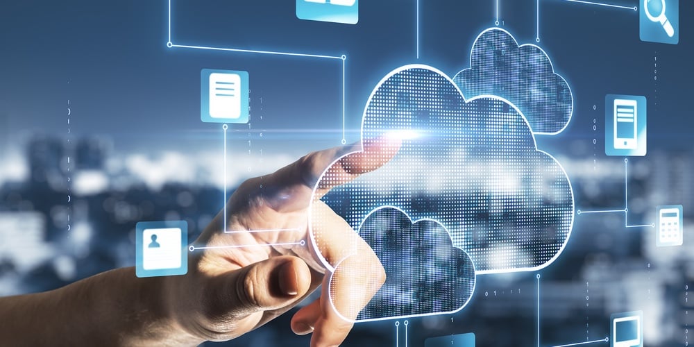Cloud Service Concept With Man Finger Touching Digital Screen With Cloud Service Application Icons A