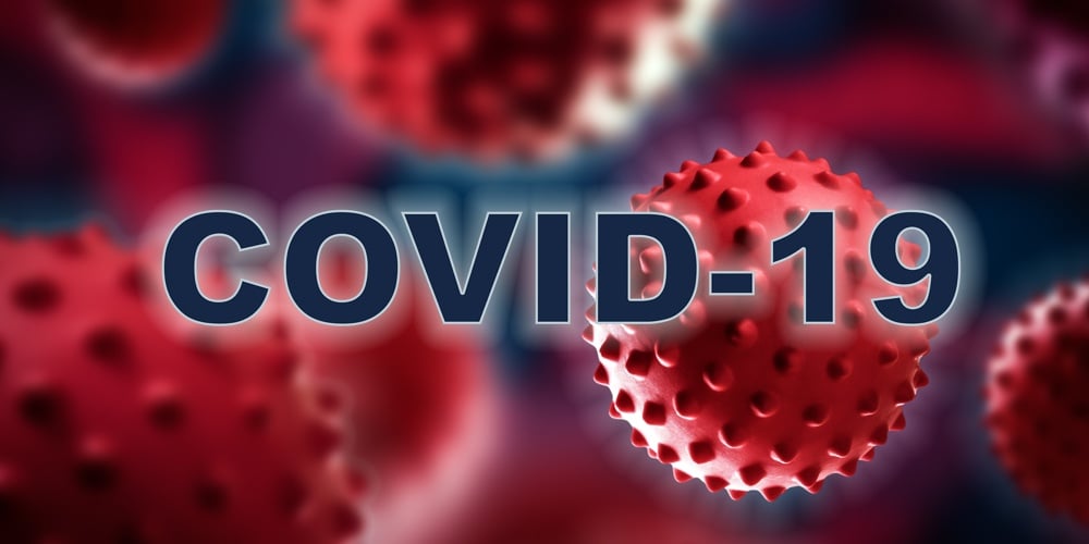 Collage of Flu COVID-19 virus cells in blood under the microscope. Coronavirus Covid-19 word backgro
