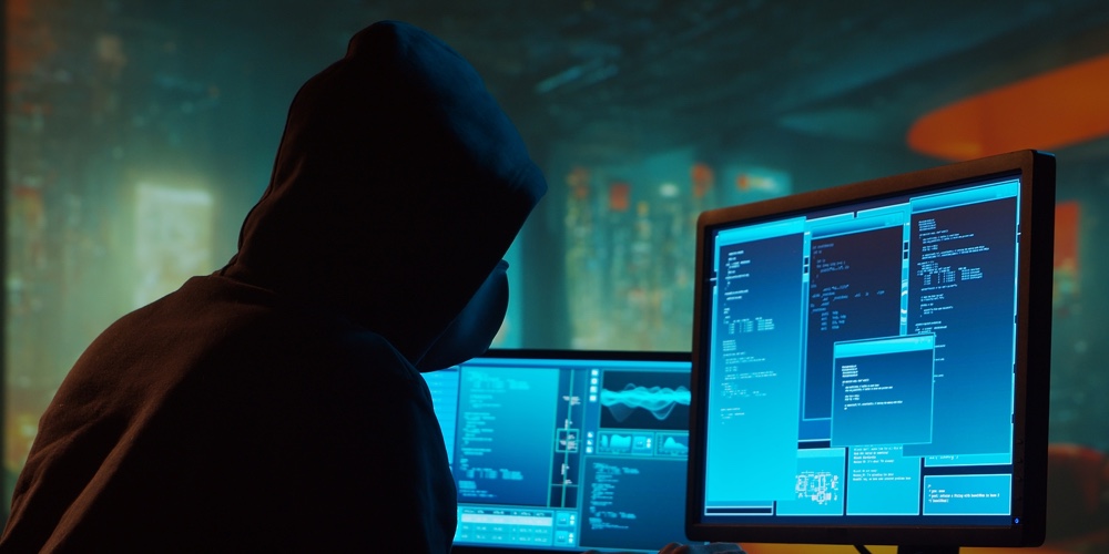 Computer Hacker In Hoodie. Obscured Dark Face. Concept Of Hacker Attack