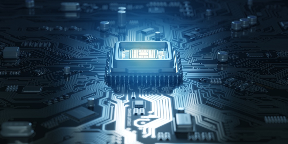 Computer motherboard with CPU. Circuit board system chip with core processor. Computer technology ba