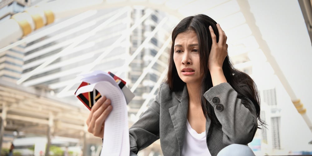 Concept Of Unemployed. Young Business Woman Is Stressed Because Of No Money. Young Businesswoman Loo