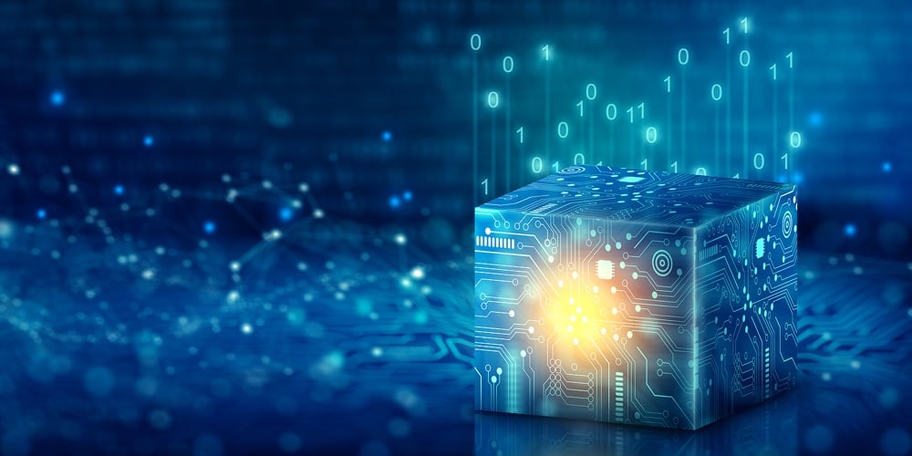 Cube Technology On Converging Point Of Circuit With Abstract Blue Background. Blockchain Network Sys