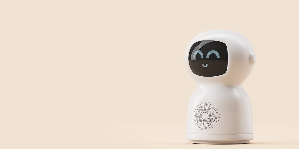 1|2|3|4|Cute Smiling White Artificial Intelligence Bot Standing Over Beige Background. Concept Of Ai And Mac
