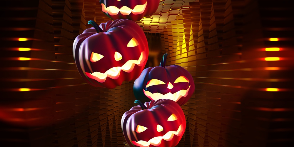 Child In Halloween Costume. Mixed Race Asian And Caucasian Kids And Parents Trick Or Treat On Street|Cyber Halloween. Pumpkin Ghost 3d Illustration. Jack Pumpkinhead