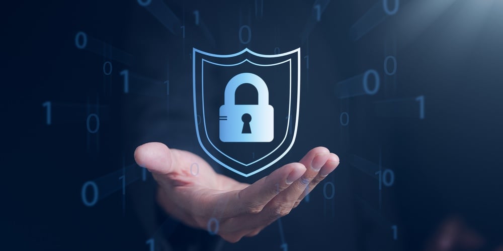 Cyber Security Concept. Businessman Holding Shield Protect Security Icon Security On The Virtual Dis