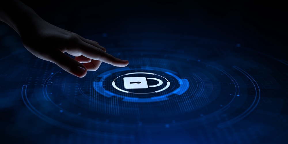 Cyber Security Data Protection Information Privacy Concept. Hand Pressing Button.