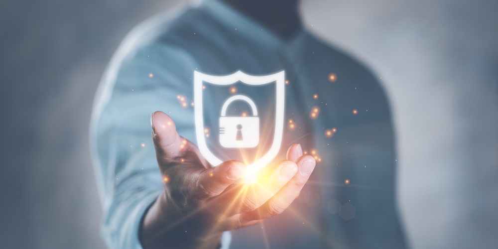Cyber Security Safe Data Protection Business Technology Privacy Concept. Businessman Holding Shield